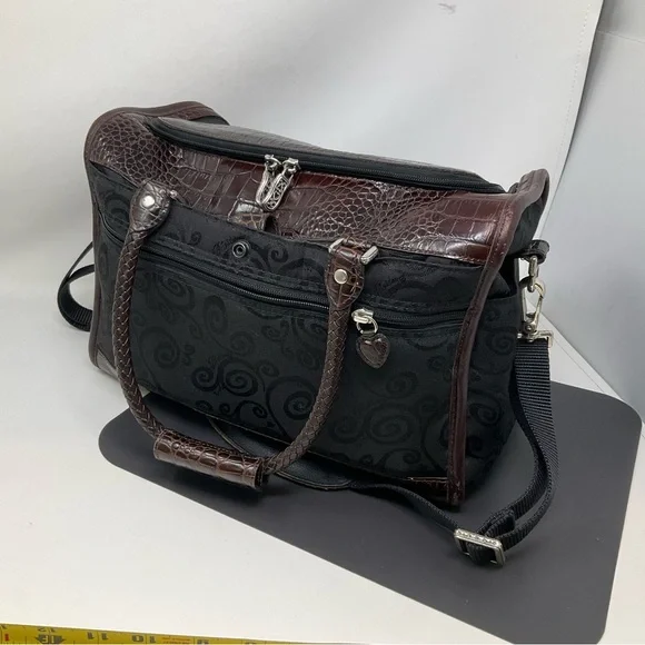 Brighton Lansky Black & Brown Croc Embossed Leather Weekender Travel Duffle Bag